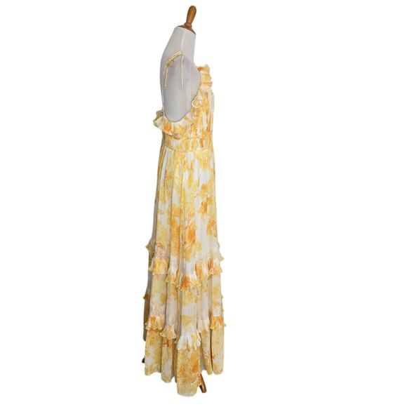 Anthropologie BHLDN Ava Yellow Ruffle Maxi Dress Chiffon Lace Women Large - Picture 3 of 15